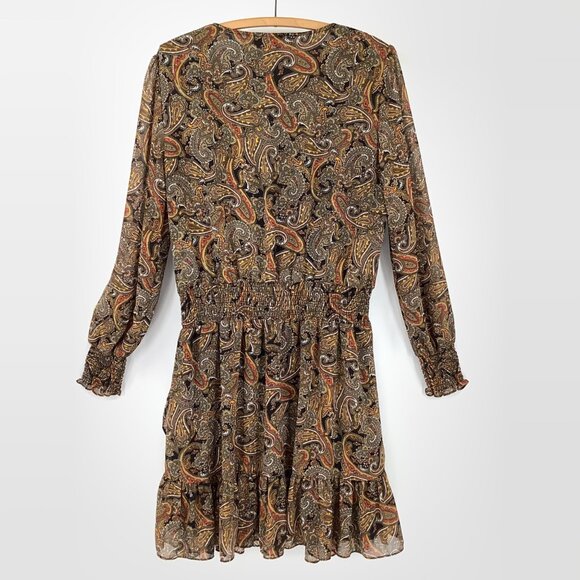 Michael Kors Mini Dress Size Large Black & Multicolor Paisley Sheer Long Sleeve - Picture 2 of 4